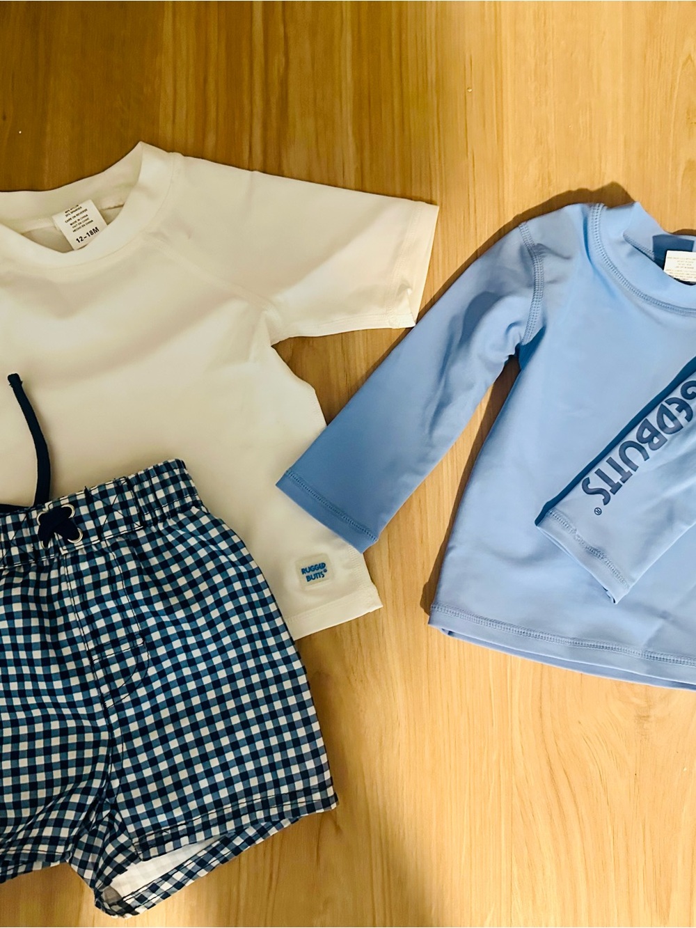 Blue & White Kids Swim Set - Rash Guard Top & Check Swim Trunks